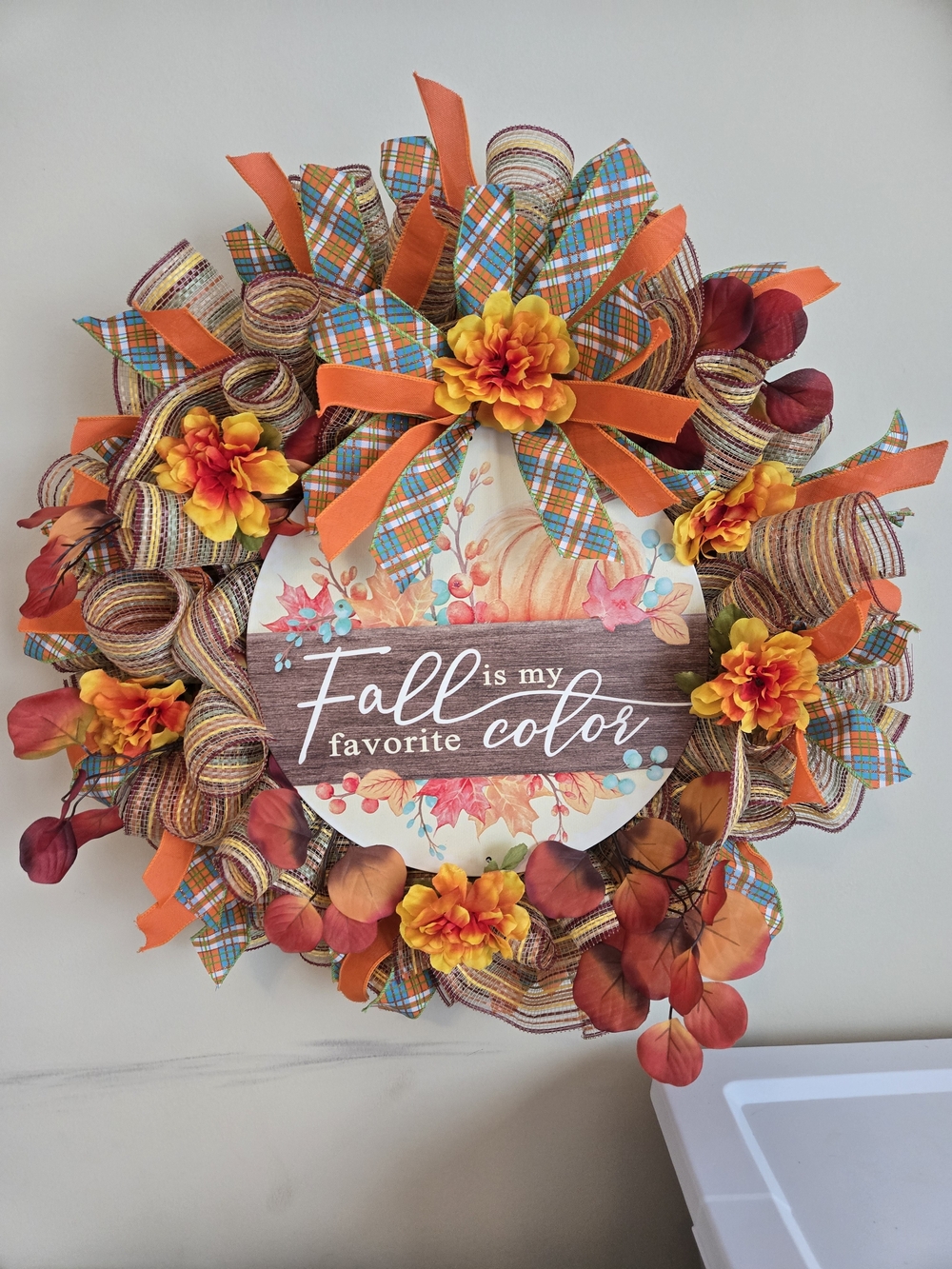 Autumn Plaid Fall Wreath with Orange & Yellow Accents